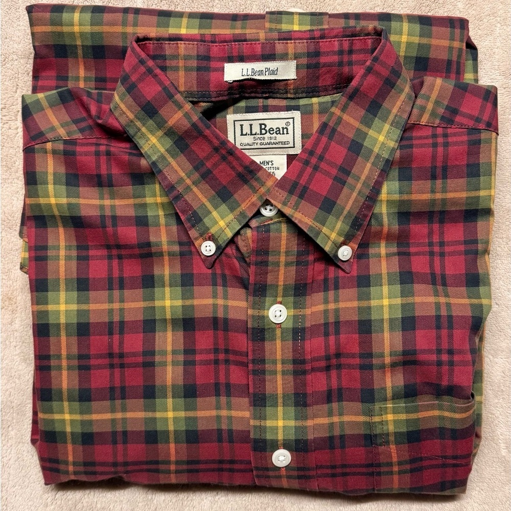L.L. Bean Men's Plaid Cotton Button-Down‎ Shirt Red Green M Regular Long Sleeve